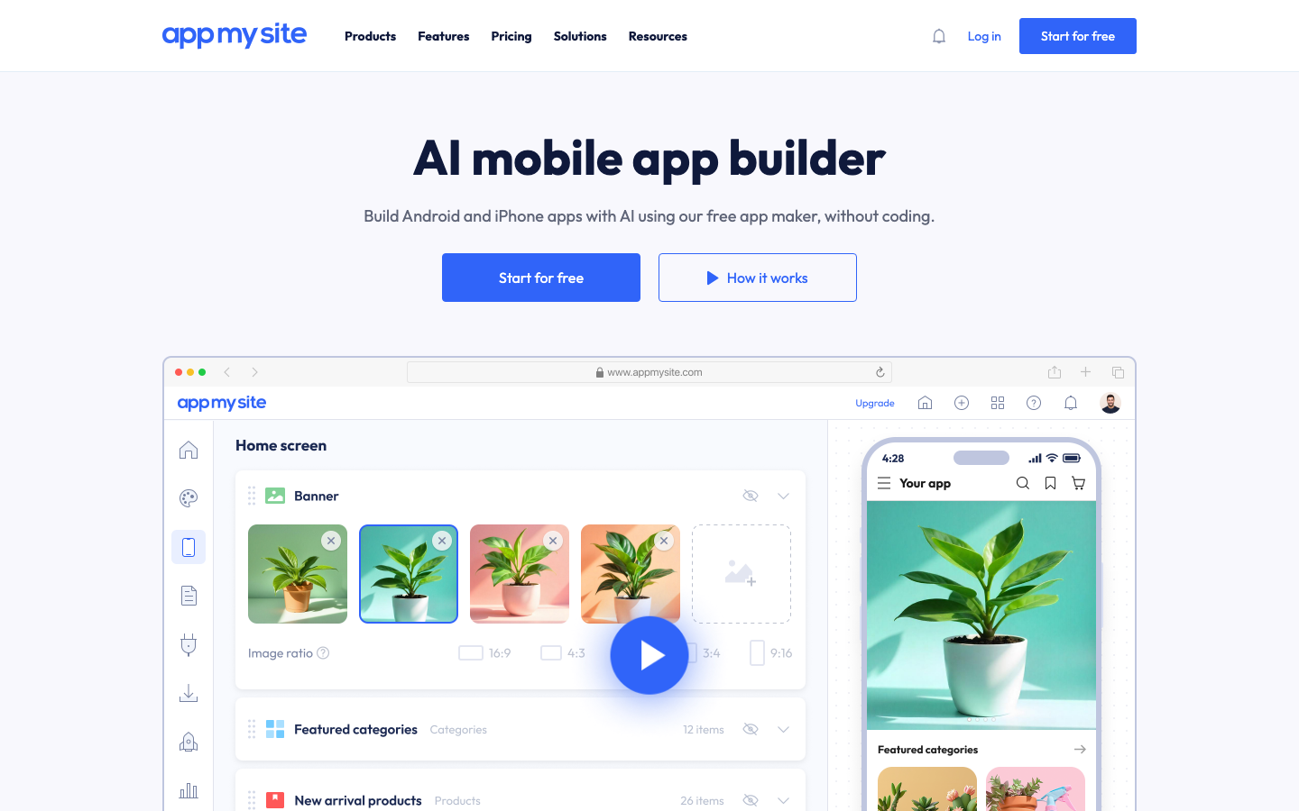 AppMySite website homepage showing its no-code app builder