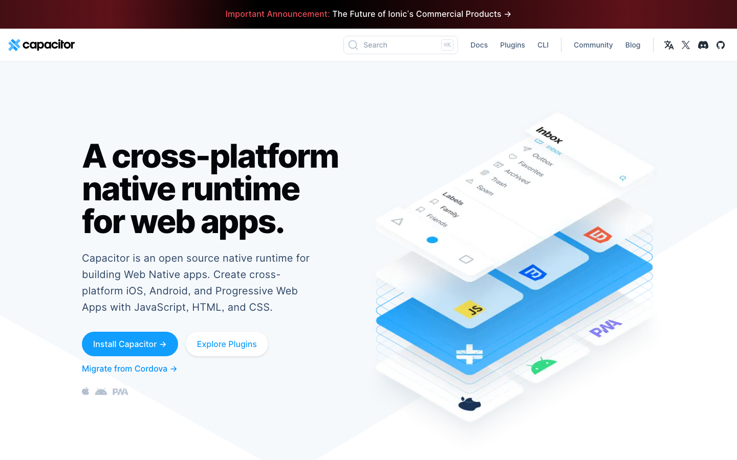 Capacitor website homepage showing its cross-platform native runtime