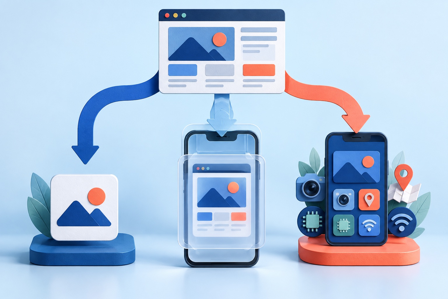 A website branching into a progressive web app, a WebView app, and a native mobile app