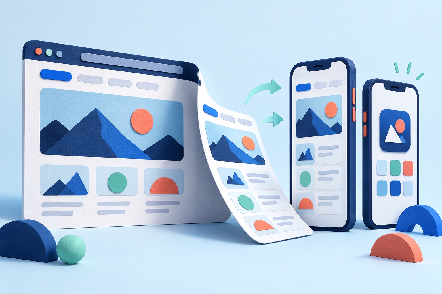 A website interface folding into two mobile app screens