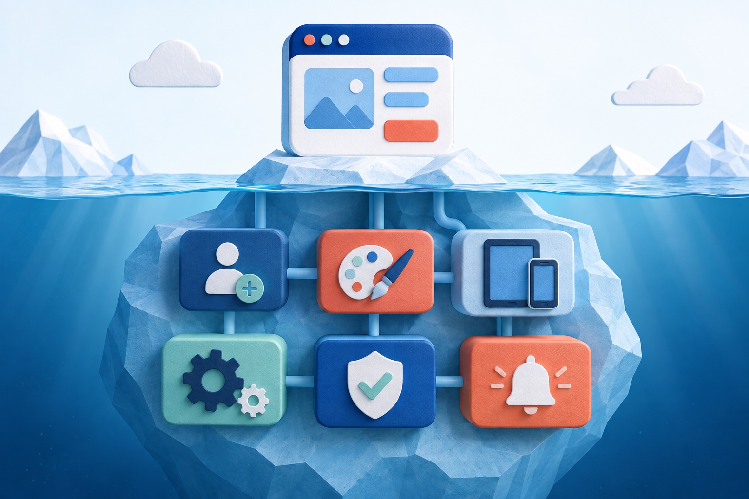 An iceberg-style illustration showing app building above supporting costs such as design, testing, maintenance, privacy, and notifications
