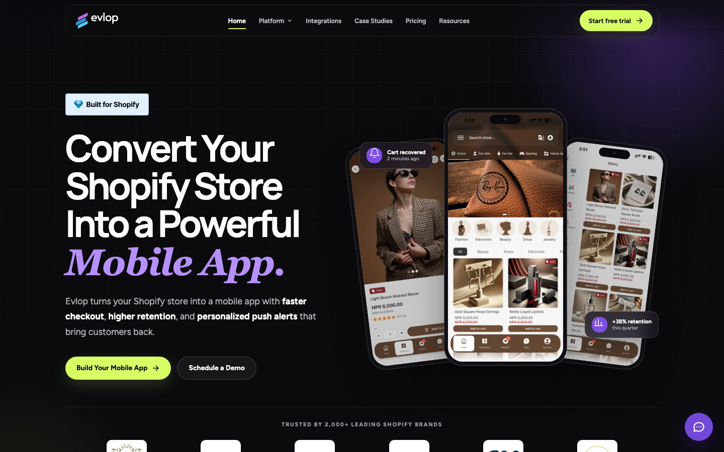 Evlop homepage showing its Shopify mobile app builder and storefront previews