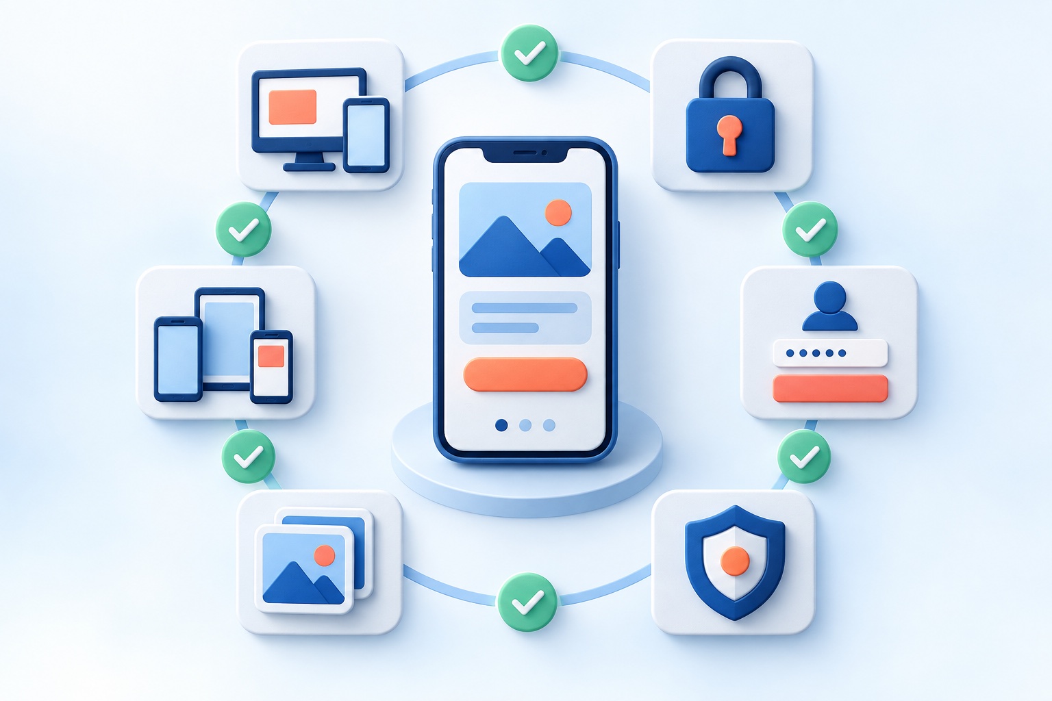 A mobile app surrounded by checks for responsive design, security, login, screenshots, privacy, and device testing