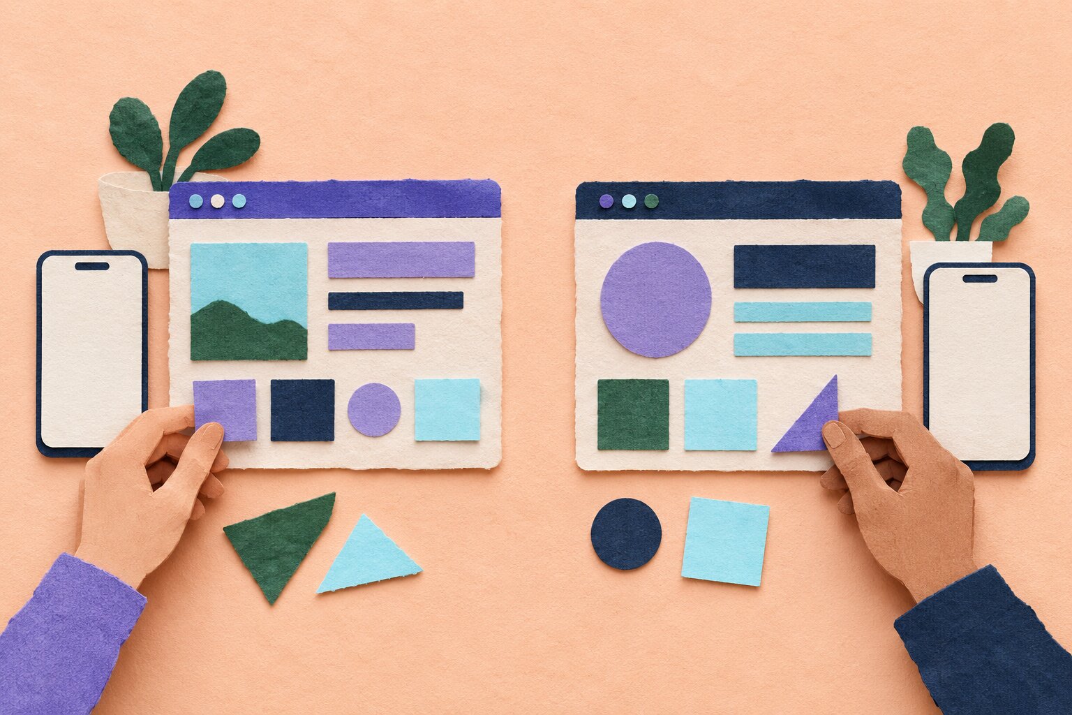 Two paper-cut website layouts sit side by side with blank phones and hands arranging the pieces.
