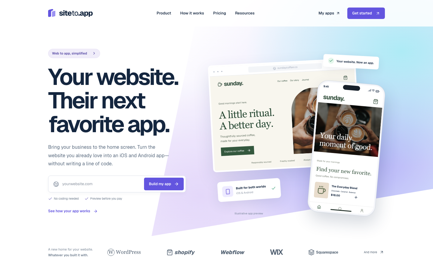 SiteTo.App website homepage showing its website-to-app converter