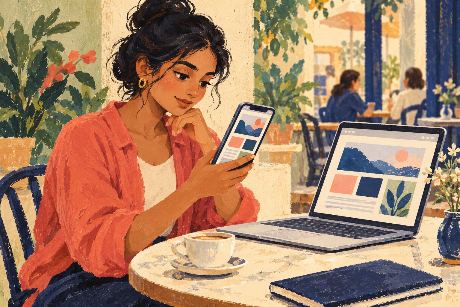A painted woman previews her site as an app on a phone beside her laptop