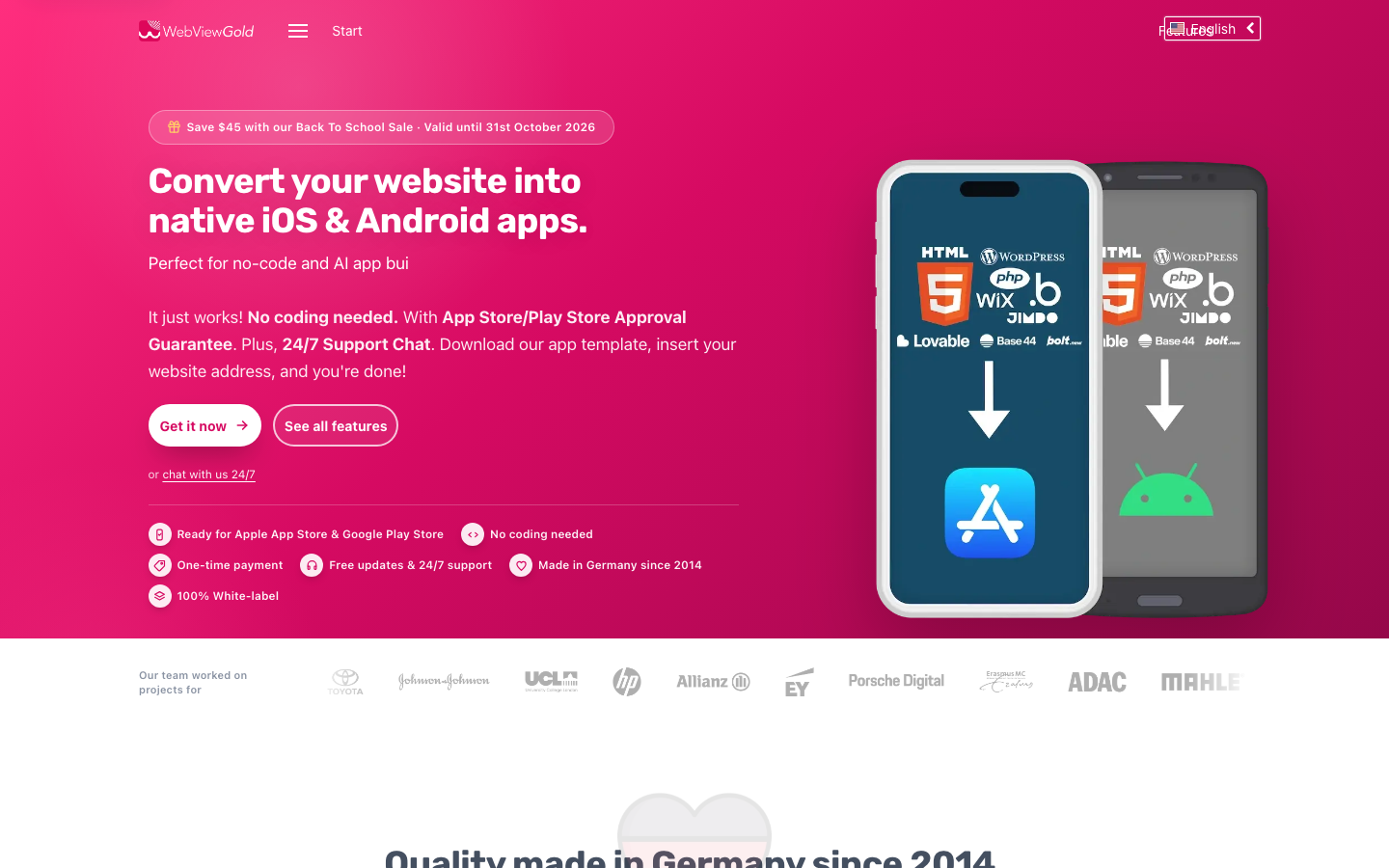 WebViewGold website homepage showing its app template product