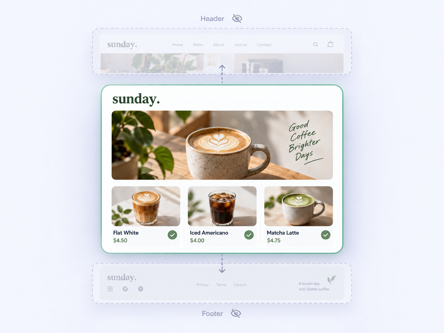 A coffee shop’s content remains prominent while its website header and footer are faded and separated, illustrating a cleaner app layout.