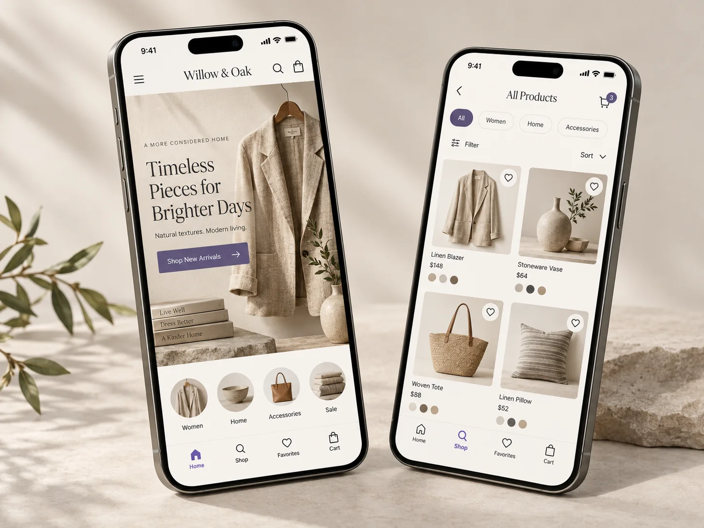 Willow & Oak shopping app screens showing an editorial storefront and a filtered product collection.