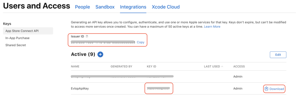 App Store Connect API page with Issuer ID, Key ID, and Download highlighted