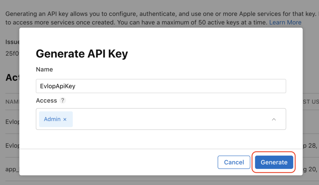 App Store Connect Generate API Key dialog