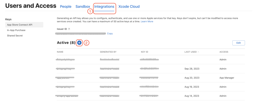 App Store Connect Users and Access page with Integrations and the add button highlighted