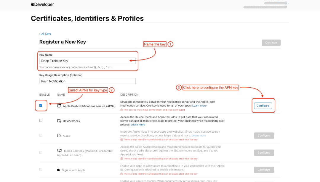 Apple Developer key registration with the APNs capability selected