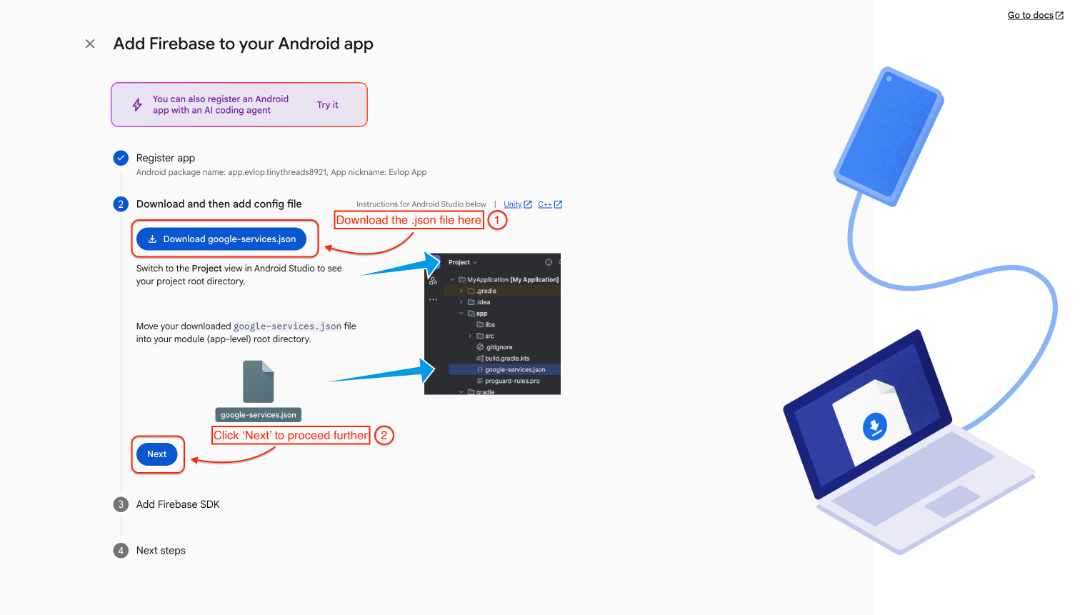 Firebase Android setup page with the google-services.json download highlighted