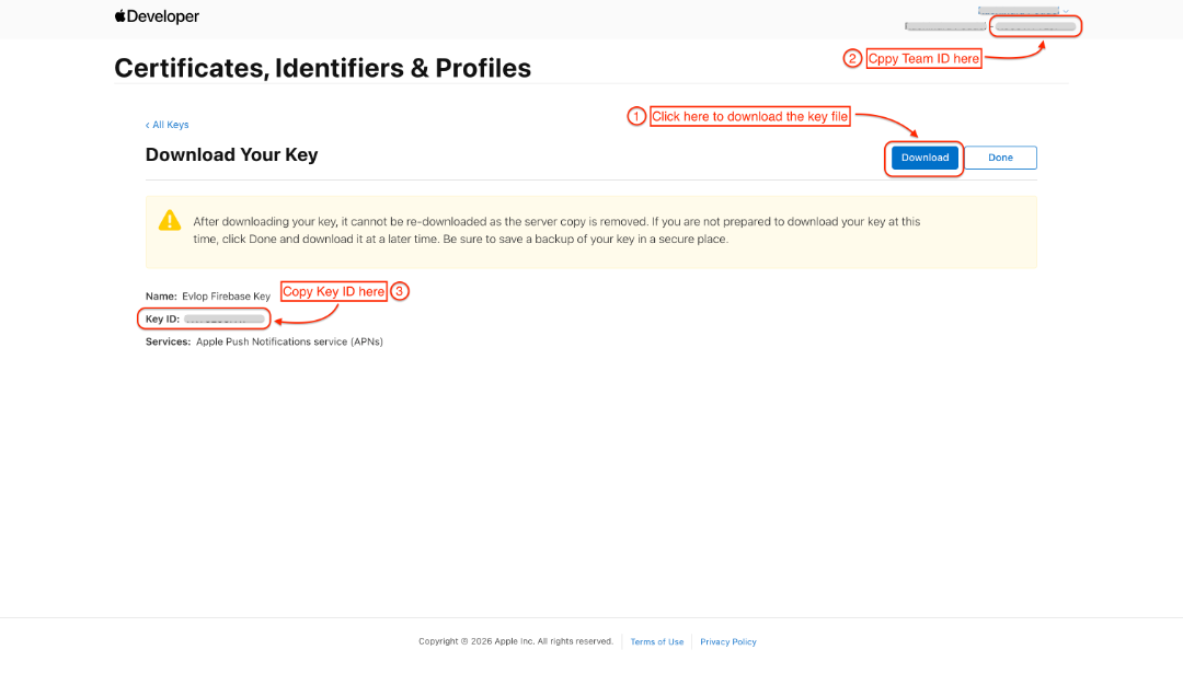 Apple Developer key download page with the download button, Key ID, and Team ID highlighted