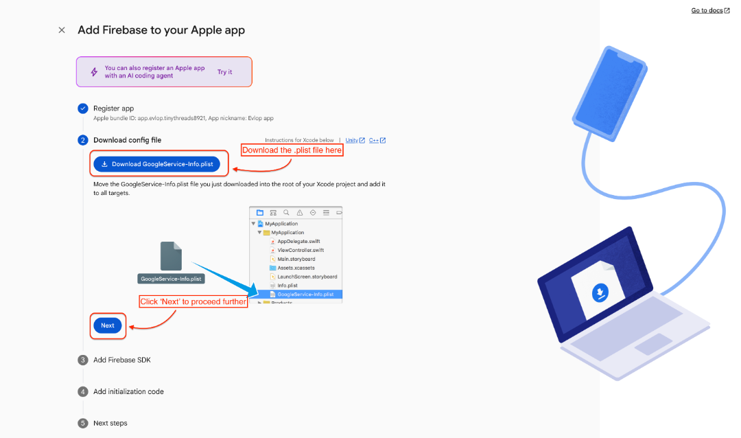 Firebase Apple-platform setup page with the GoogleService-Info.plist download highlighted