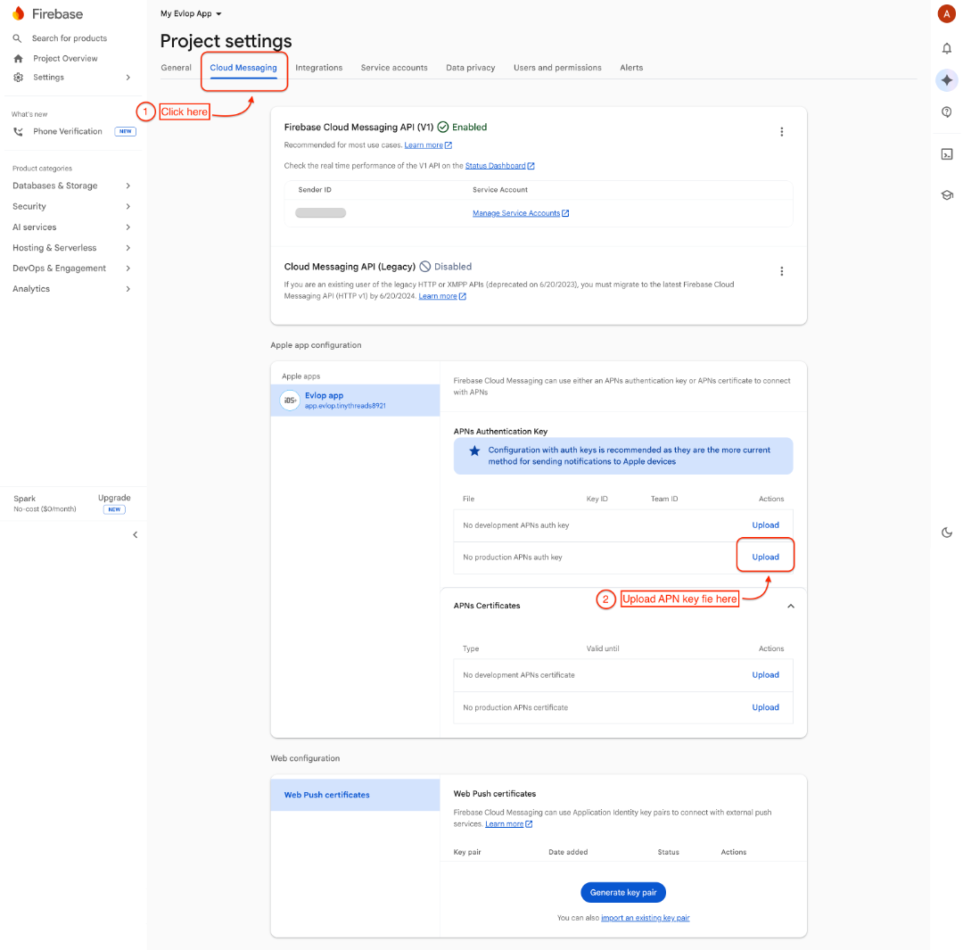 Firebase Cloud Messaging settings showing the Apple app configuration and APNs authentication key area