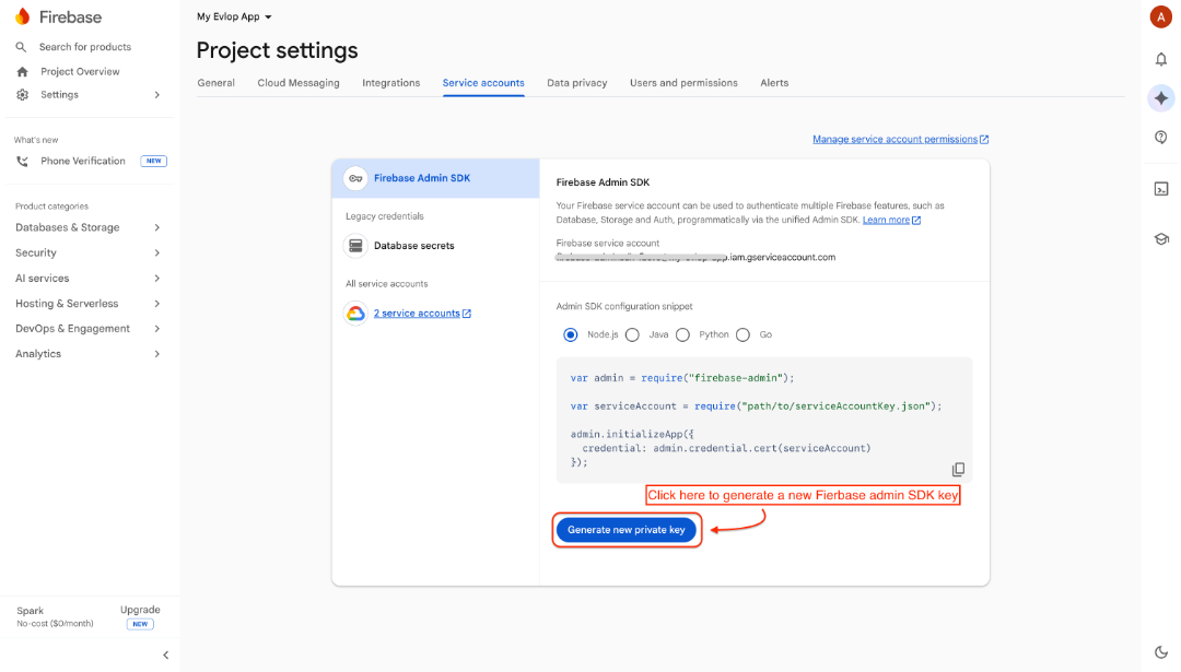 Firebase Service accounts page with Generate new private key highlighted