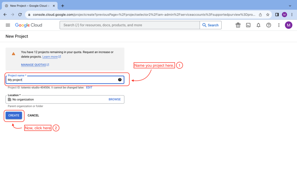 Google Cloud new project screen with the project name and Create button highlighted