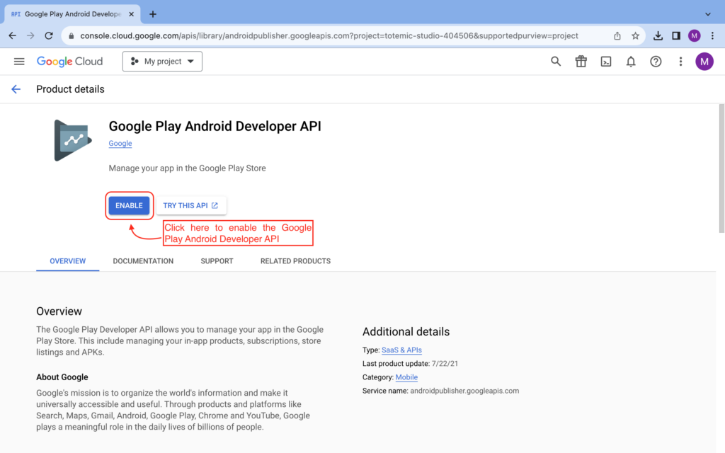 Google Play Android Developer API page with the Enable button highlighted