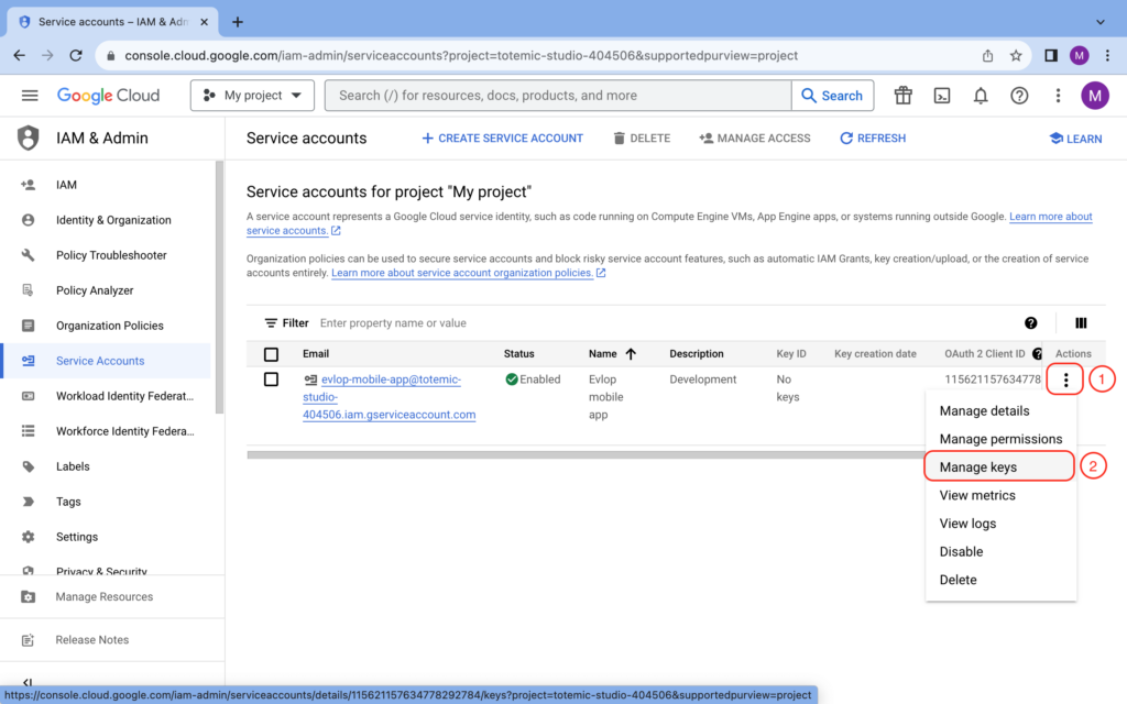 Google Cloud service account actions menu with Manage keys highlighted