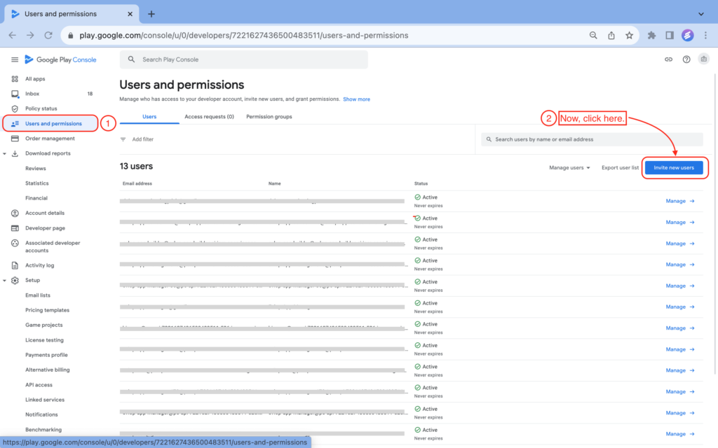 Google Play Console Users and permissions page with Invite new users highlighted