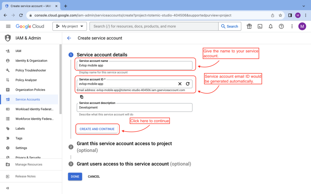 Google Cloud service account details form