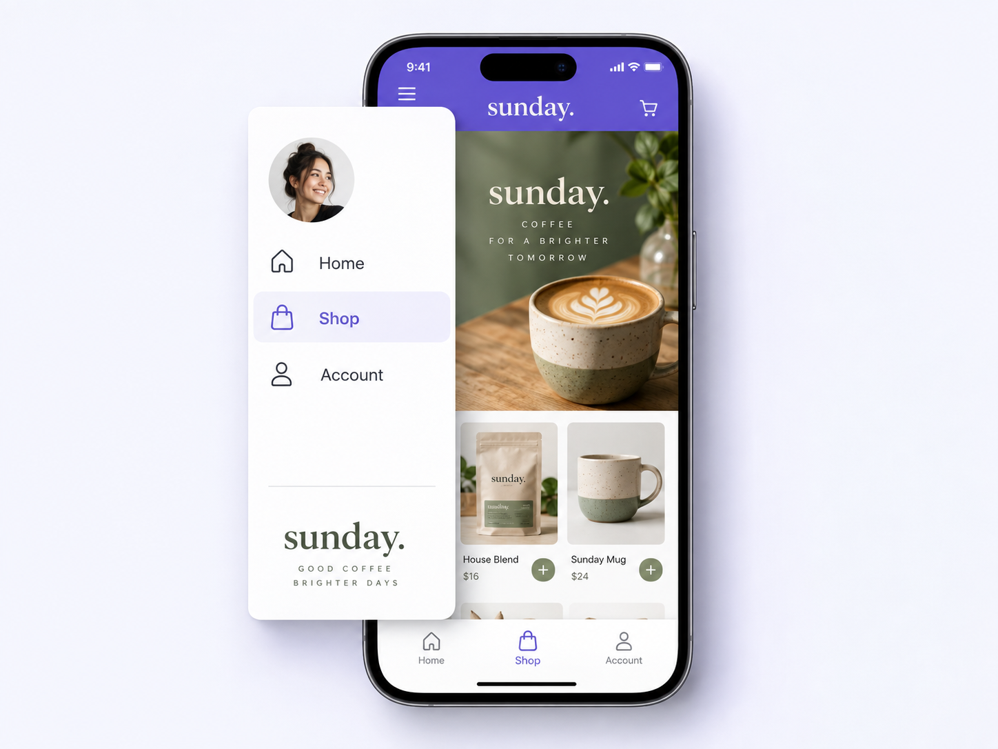 A mobile app with its side menu open and Home, Shop, and Account tabs along the bottom, illustrating native navigation around website content.