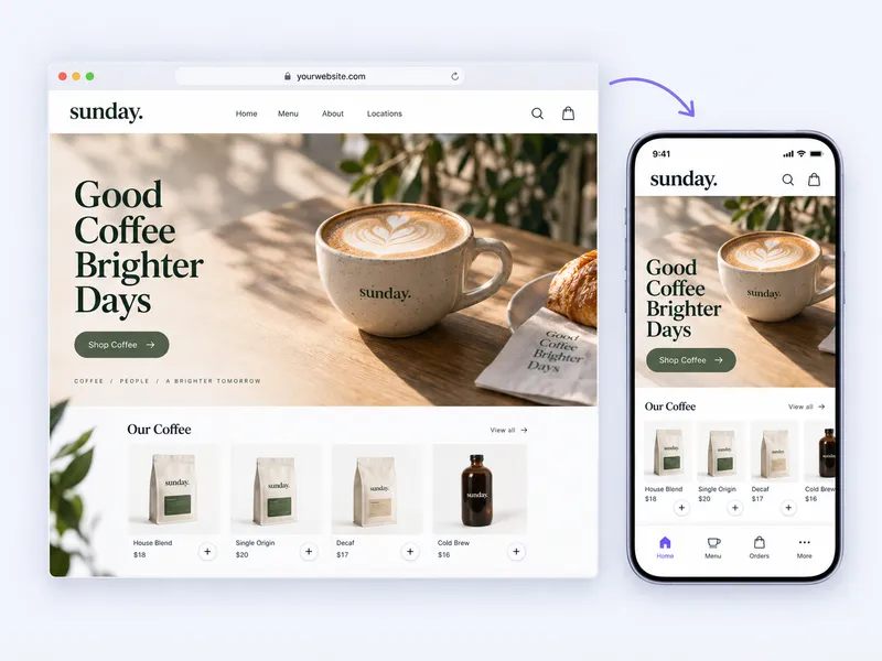 A coffee shop website and matching mobile app, connected by an arrow, showing the same content on both screens.