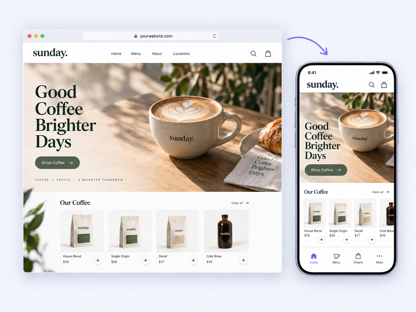 A coffee shop website and matching mobile app, connected by an arrow, showing the same content on both screens.